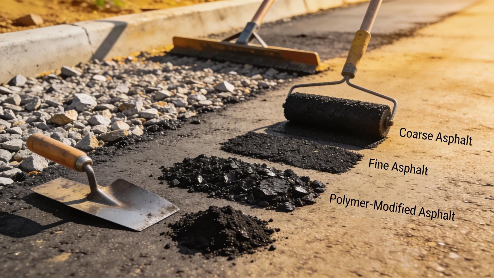 Different asphalt materials and tools showcasing the elements affecting paving costs