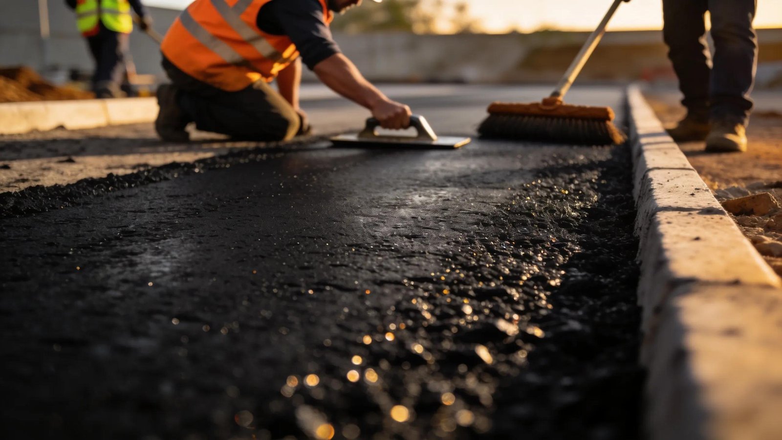 Freshly laid asphalt driveway surface with workers completing the installation