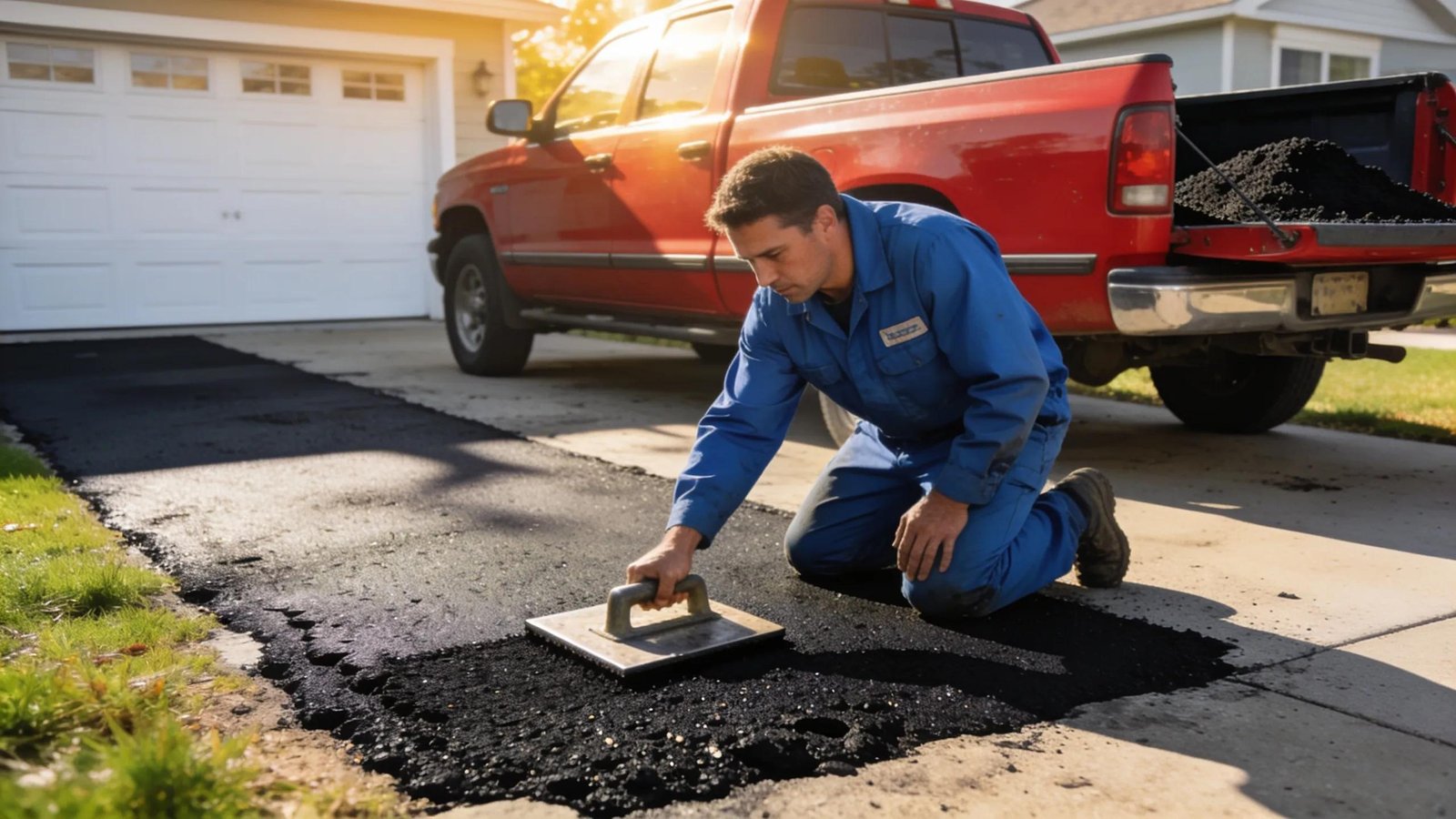 Professional applying overlay on asphalt driveway, illustrating an effective repair method