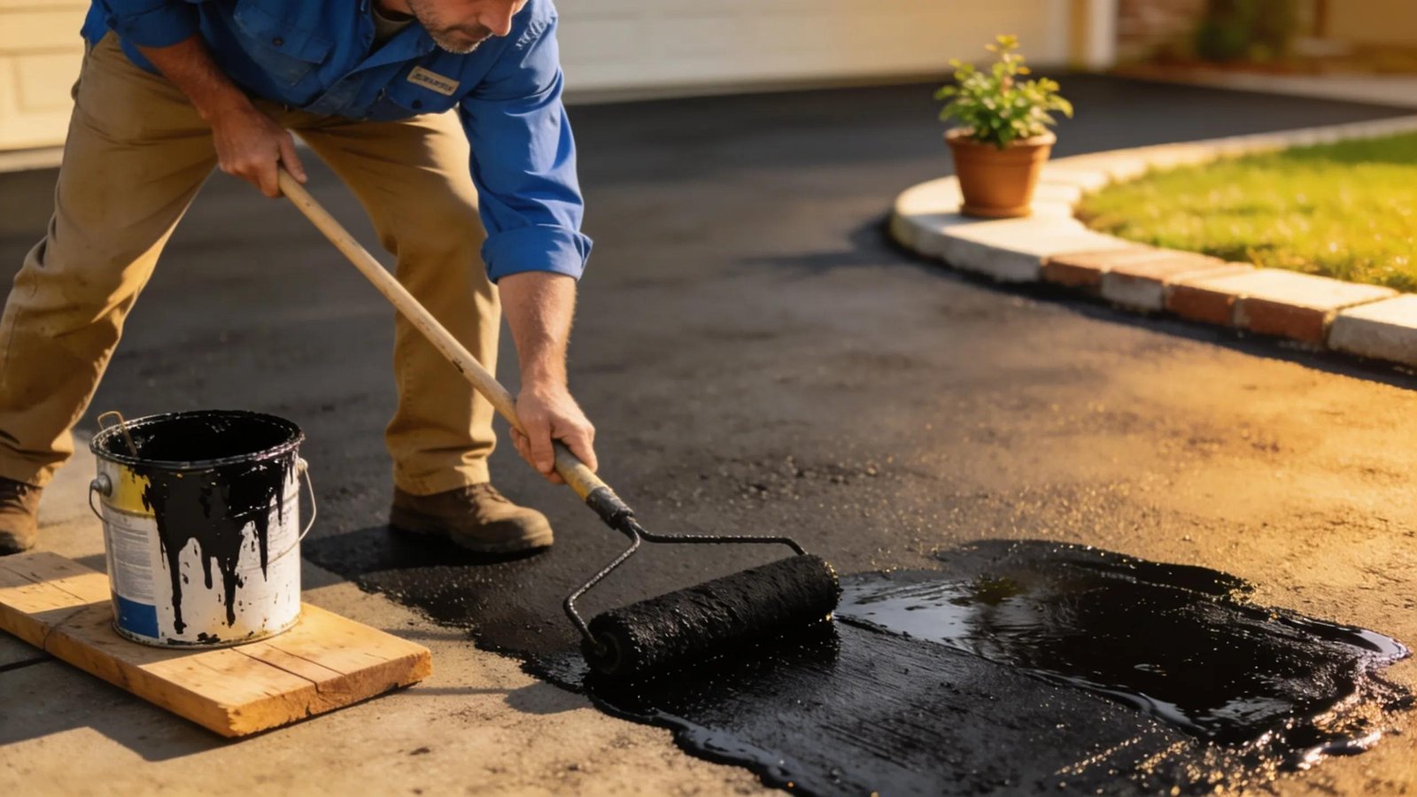 Homeowner applying sealant on an asphalt driveway showcasing maintenance practices