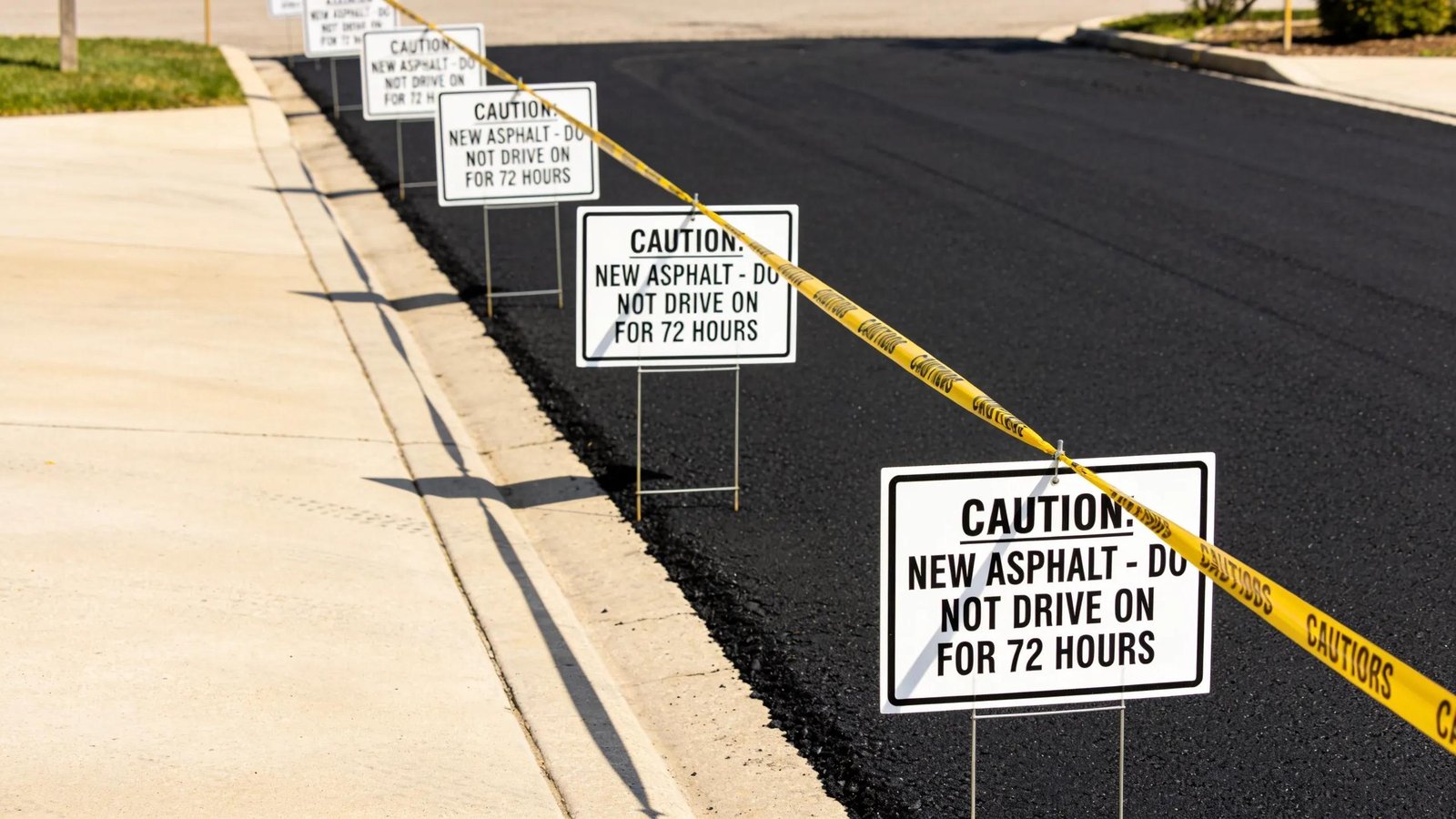 Newly paved asphalt driveway with signs indicating curing period