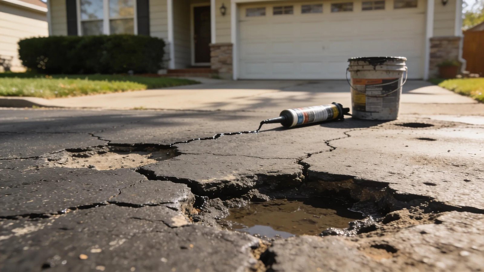 Common signs of asphalt driveway damage, showcasing cracks and potholes alongside maintenance tools