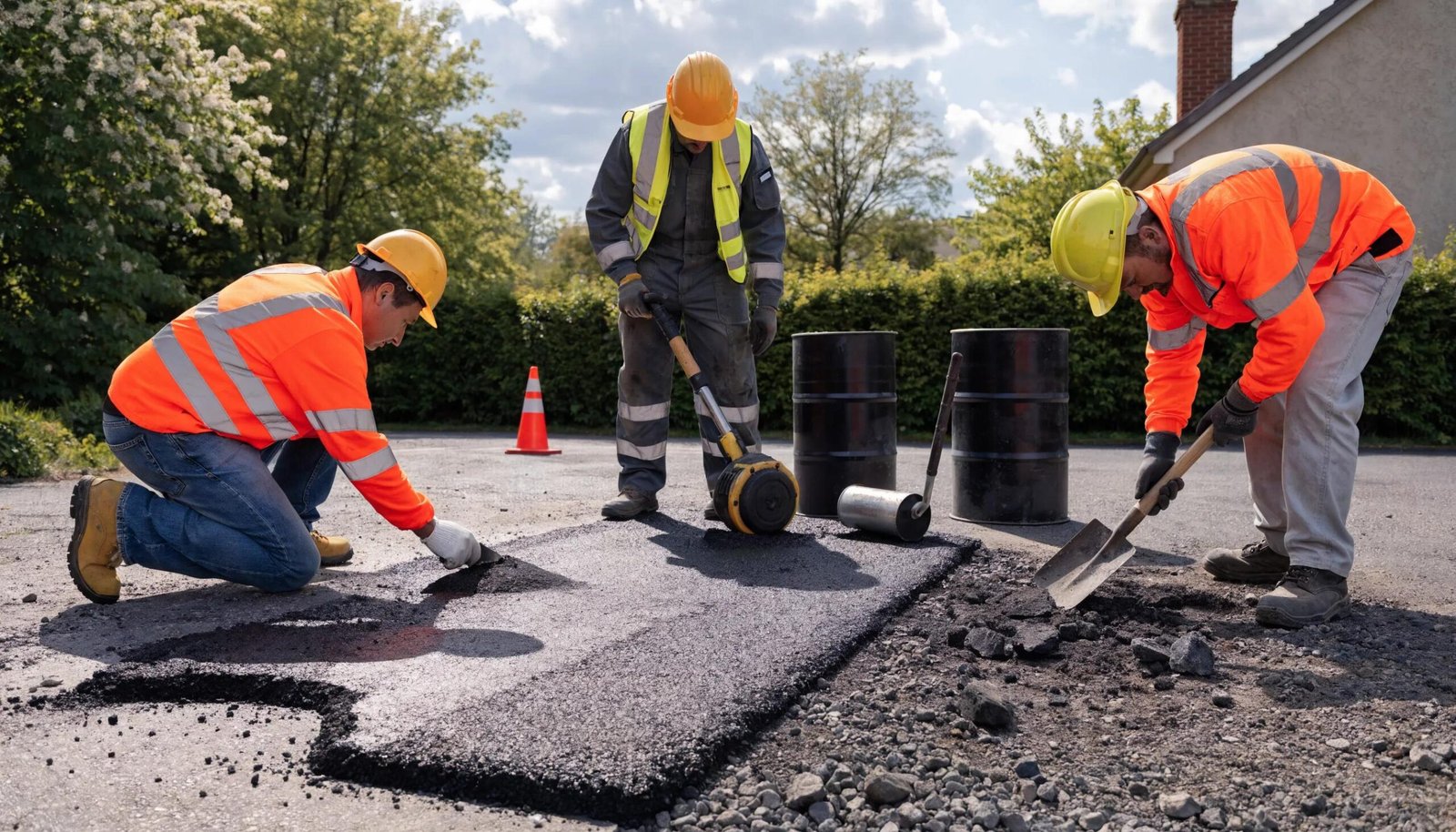 Visual demonstration of various asphalt repair techniques including patching, overlaying, and replacement