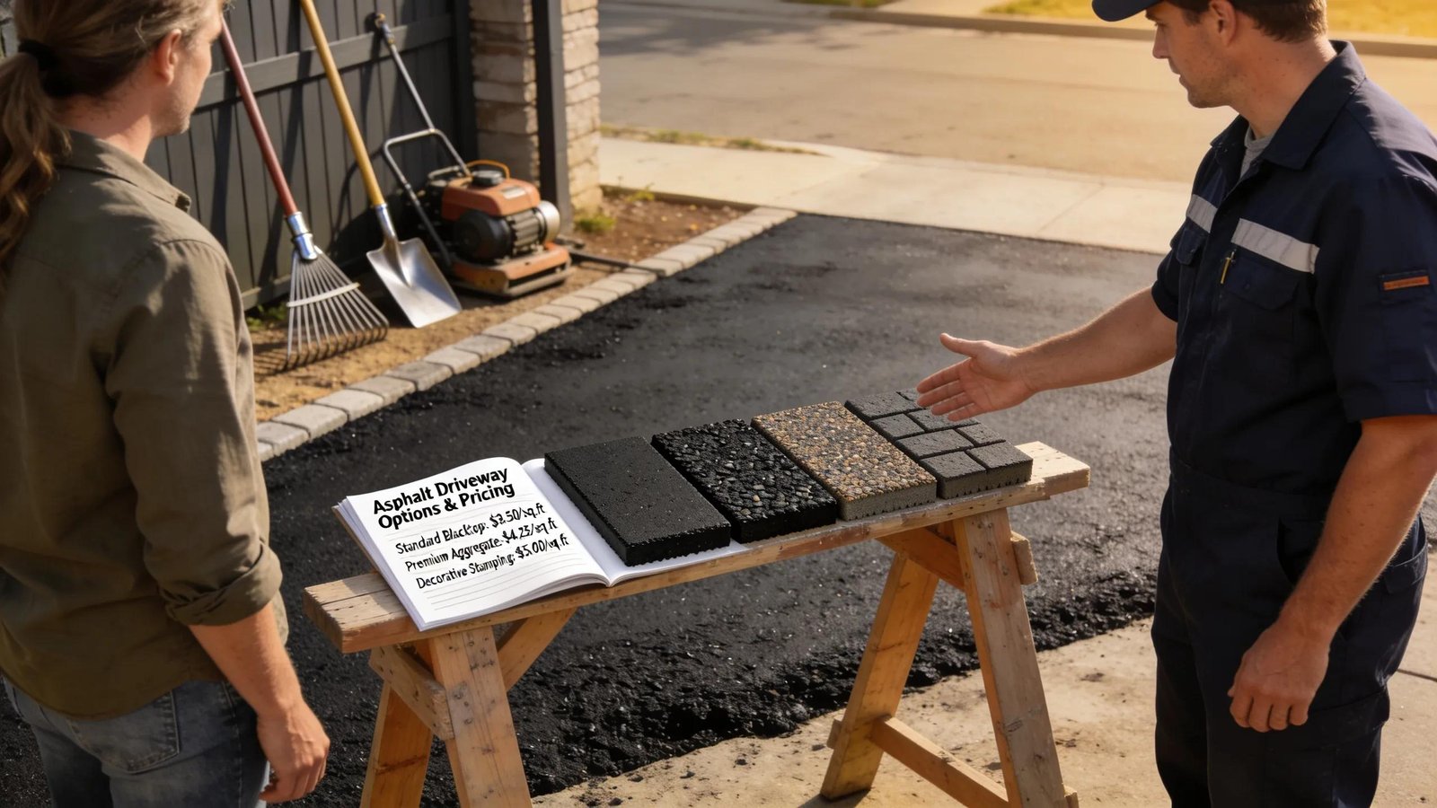 Contractor explaining asphalt driveway costs to a homeowner