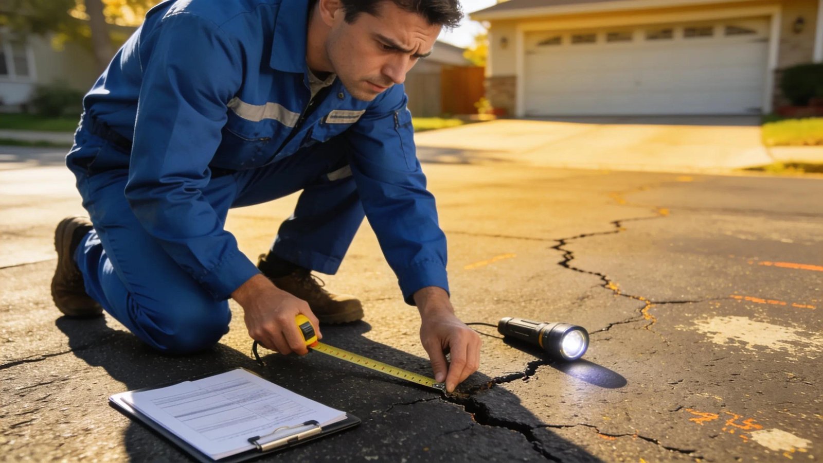 Professional assessing asphalt driveway condition, demonstrating the importance of expert evaluations