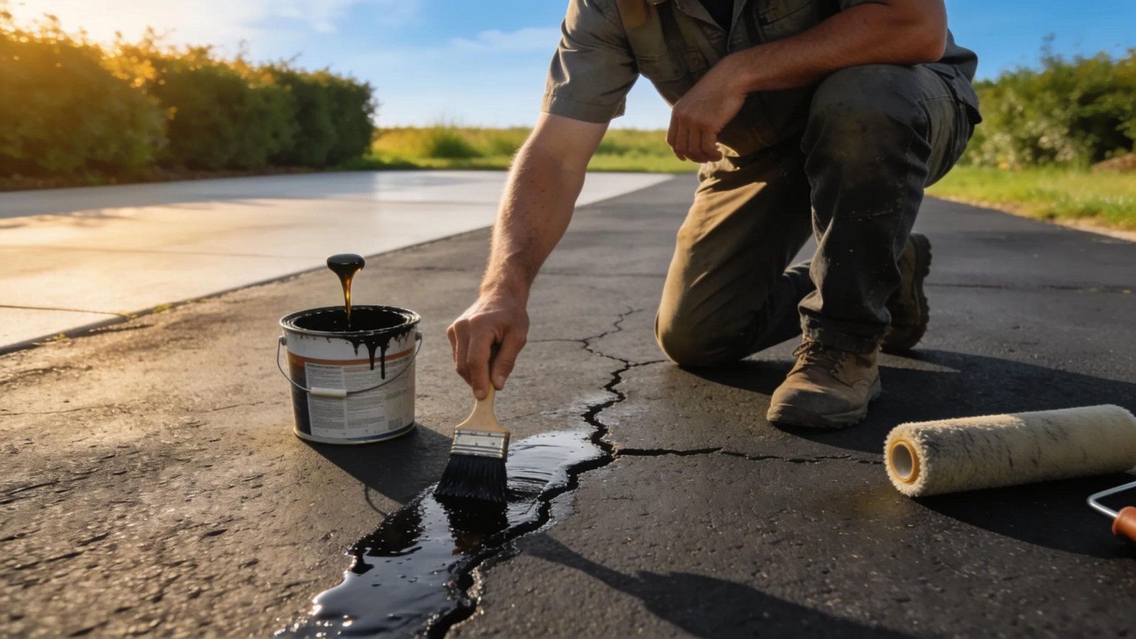 Homeowner sealing asphalt driveway for maintenance