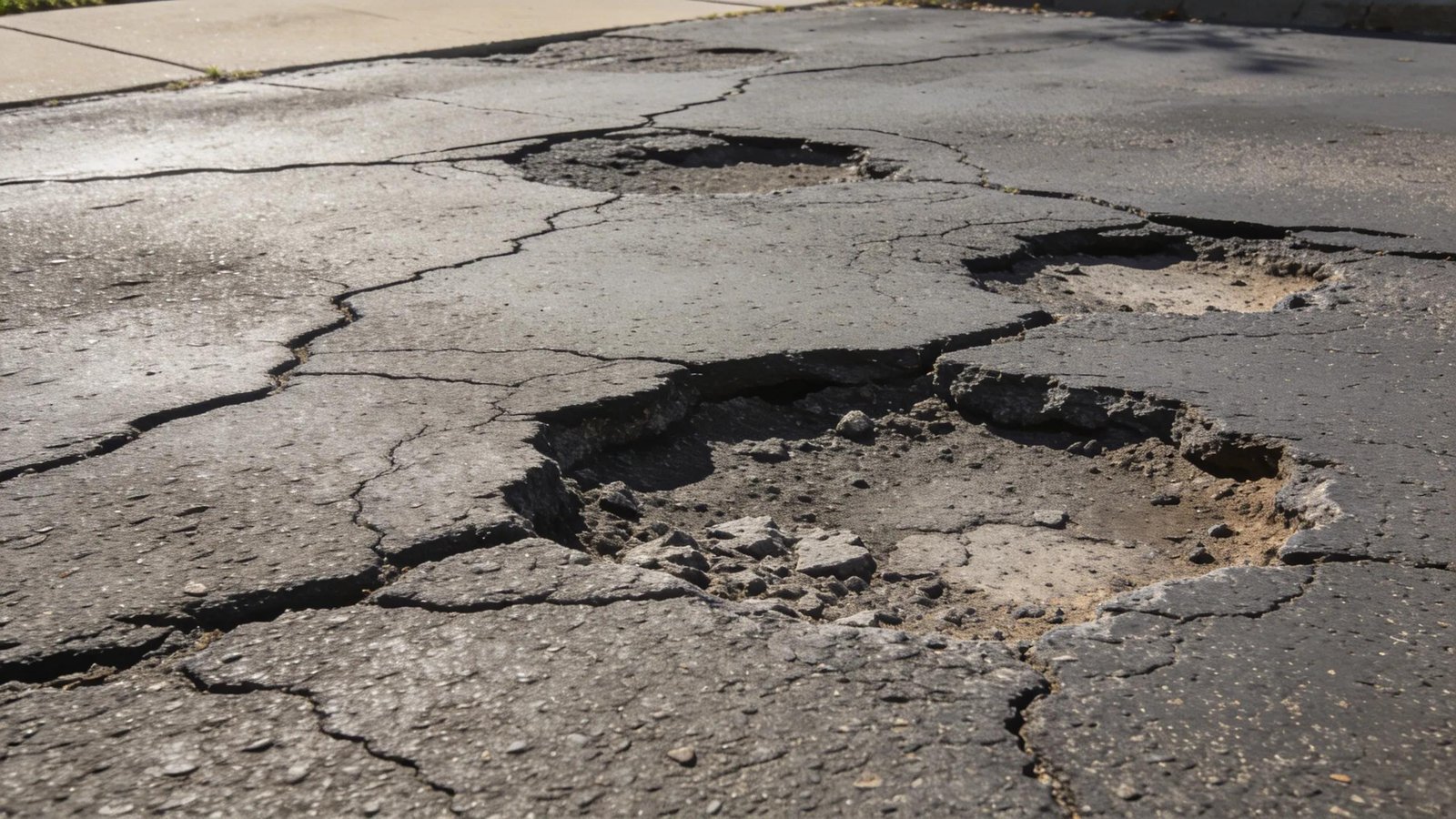 Close-up of asphalt driveway showing cracks and potholes to educate on maintenance needs