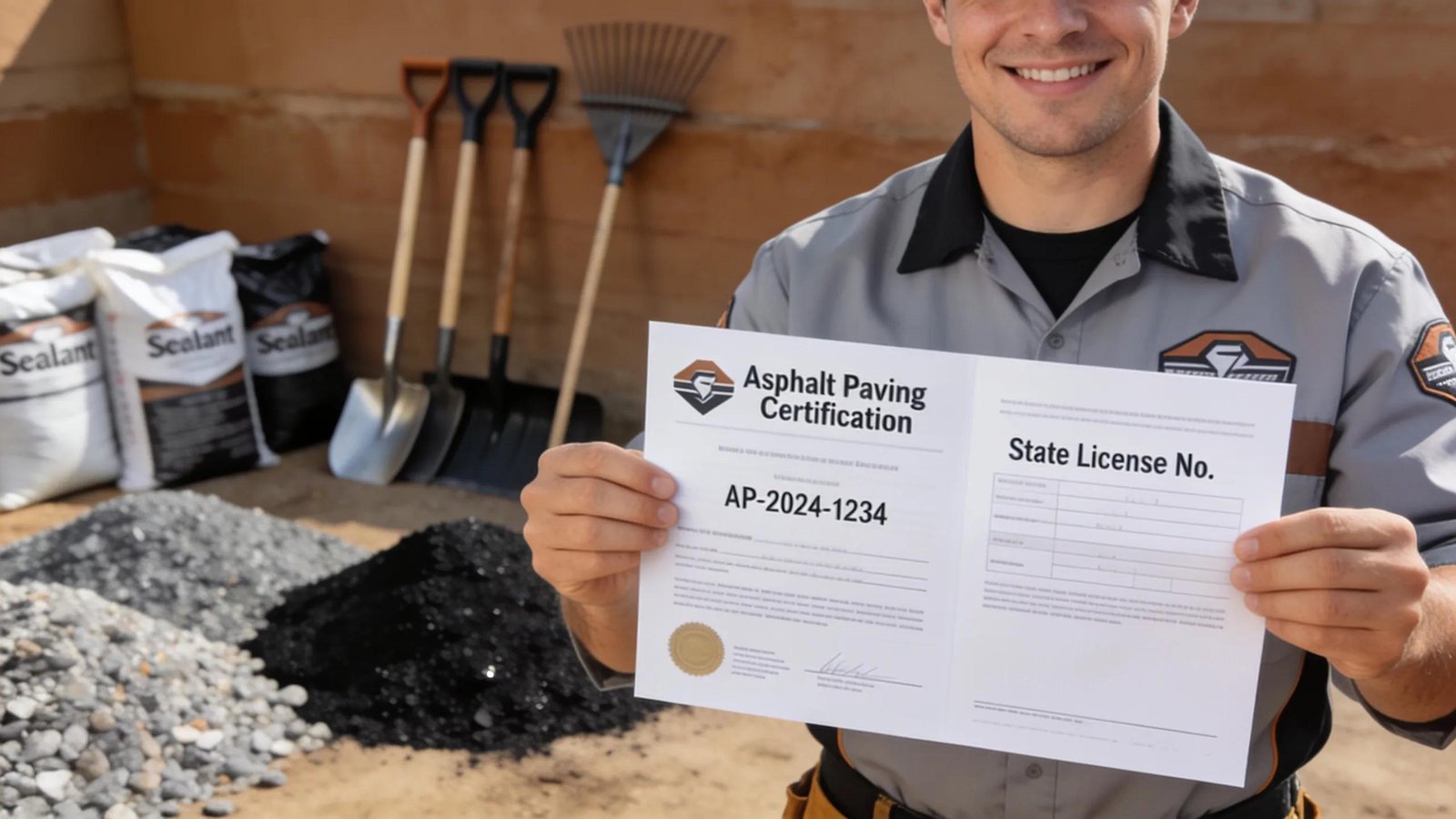 Asphalt contractor showcasing certification and license in a construction setting